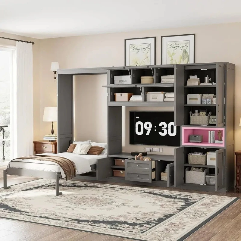 Grey Twin-Size Wall-Mounted Murphy Bed with TV Stand, Desk, Shelves, and Cabinet Storage