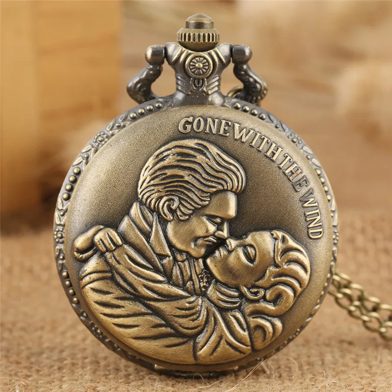 Bronze Gone with The Wind Design Couple Lover Clock Men Women Quartz Pocket Watch Sweater Necklace Chain Gift Watches Reloj