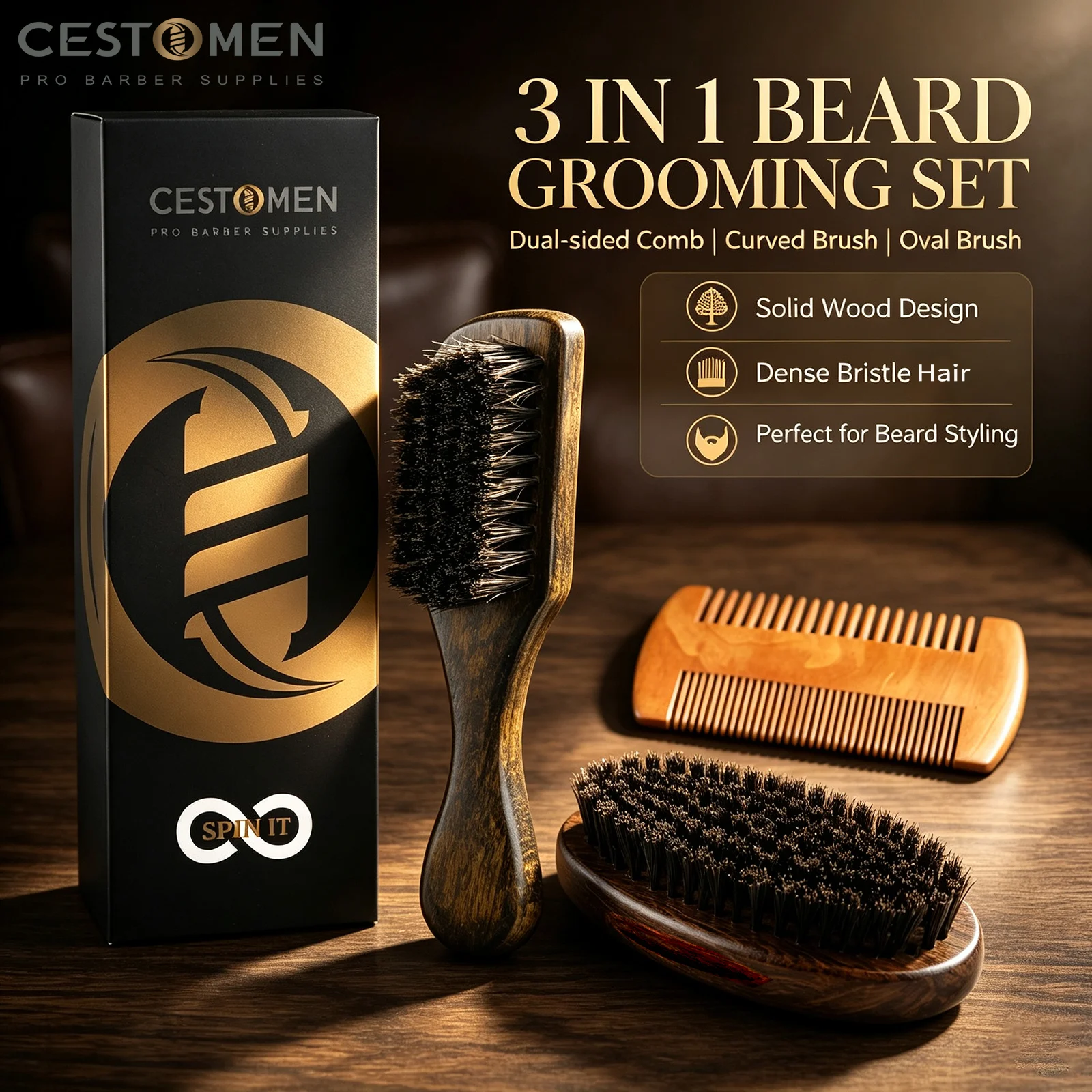 3pcs Pro Beard Grooming Kit Curved Solid Wood Bristle Brush Dual-Sided Comb Men's Beard Styling Shaping Tools for Salon Home Use