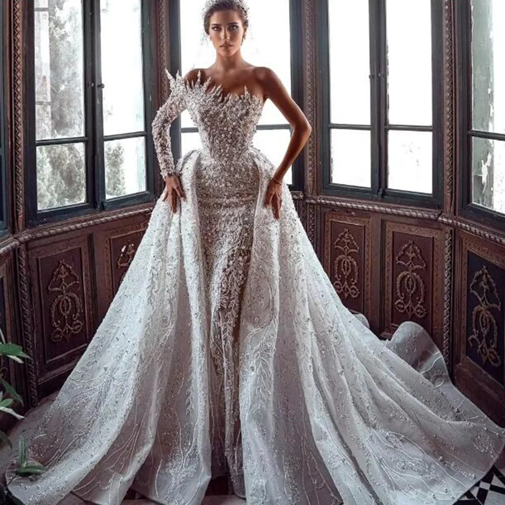 

High-end Women Wedding Dresses Strapless One Shoulder Sleeve Floor Length Detachable Train Pearls Mermaid Banquet Ball Gowns