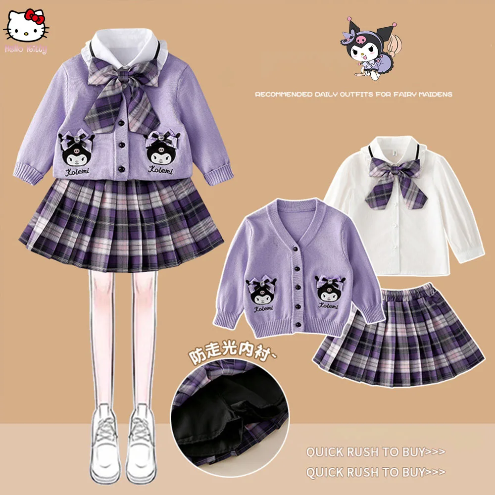 Children\'s Cardigan Shirt Pleated Skirt Sanrios Anime Spring Cinnamoroll Kuromi Melody Girl Fashion Kawaii College Style Set