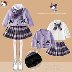 Children's Cardigan Shirt Pleated Skirt Sanrios Anime Spring Cinnamoroll Kuromi Melody Girl Fashion Kawaii College Style Set