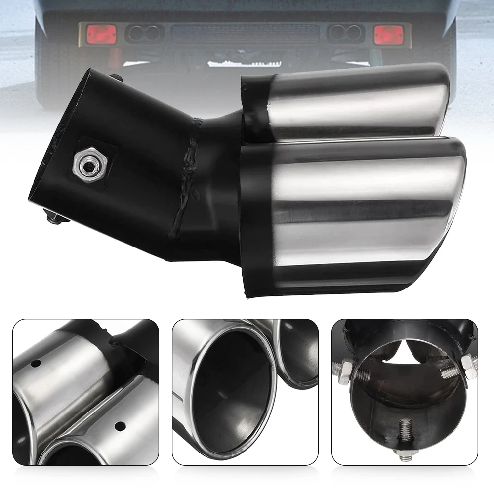 62mm Universal Car Muffler Pipe Tail Stainless Steel Curved Double Outlet Exhaust Tip Inlet  Auto Decoration Chrome Tail Pipe