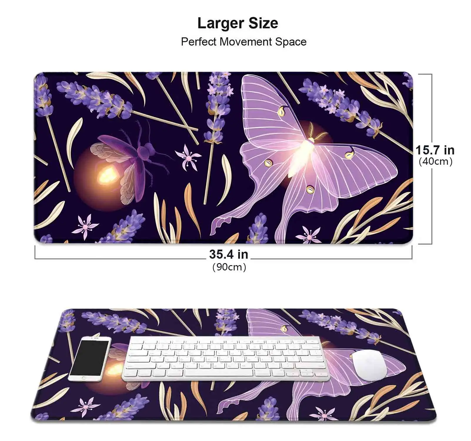 Large Gaming Mouse Pad, Purple Lavender Butterfly Desk Mat, Non-Slip XL Computer Big Mouse Pad for Work, Gamer, Office, Home