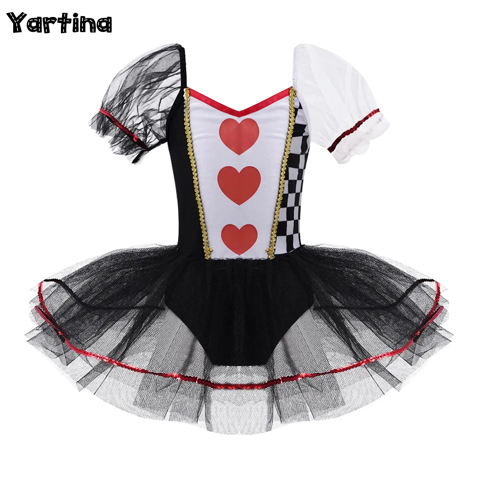 

Kids Girls Clown Cosplay Performance Costume Short Sleeves Hearts Checkerboard Print Mesh Gymnastics Ballet Tutu Dress Jumpsuit