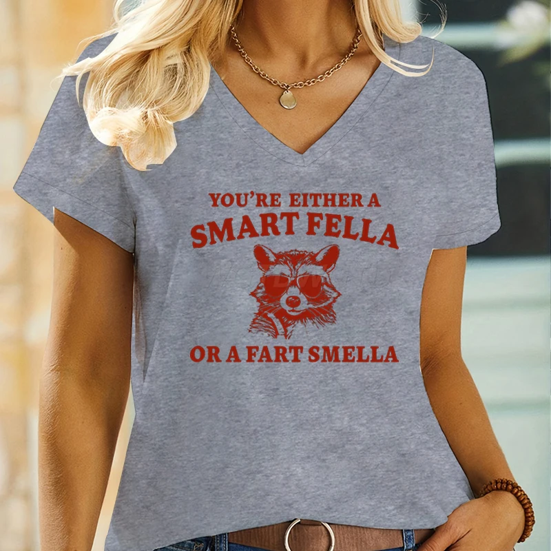 Women's Clothing  A Smart Fella or A Fart Smella Raccoon Retro T Shirt Funny Cute Animal Racoon Lover V-neck Fashion Casual Tops