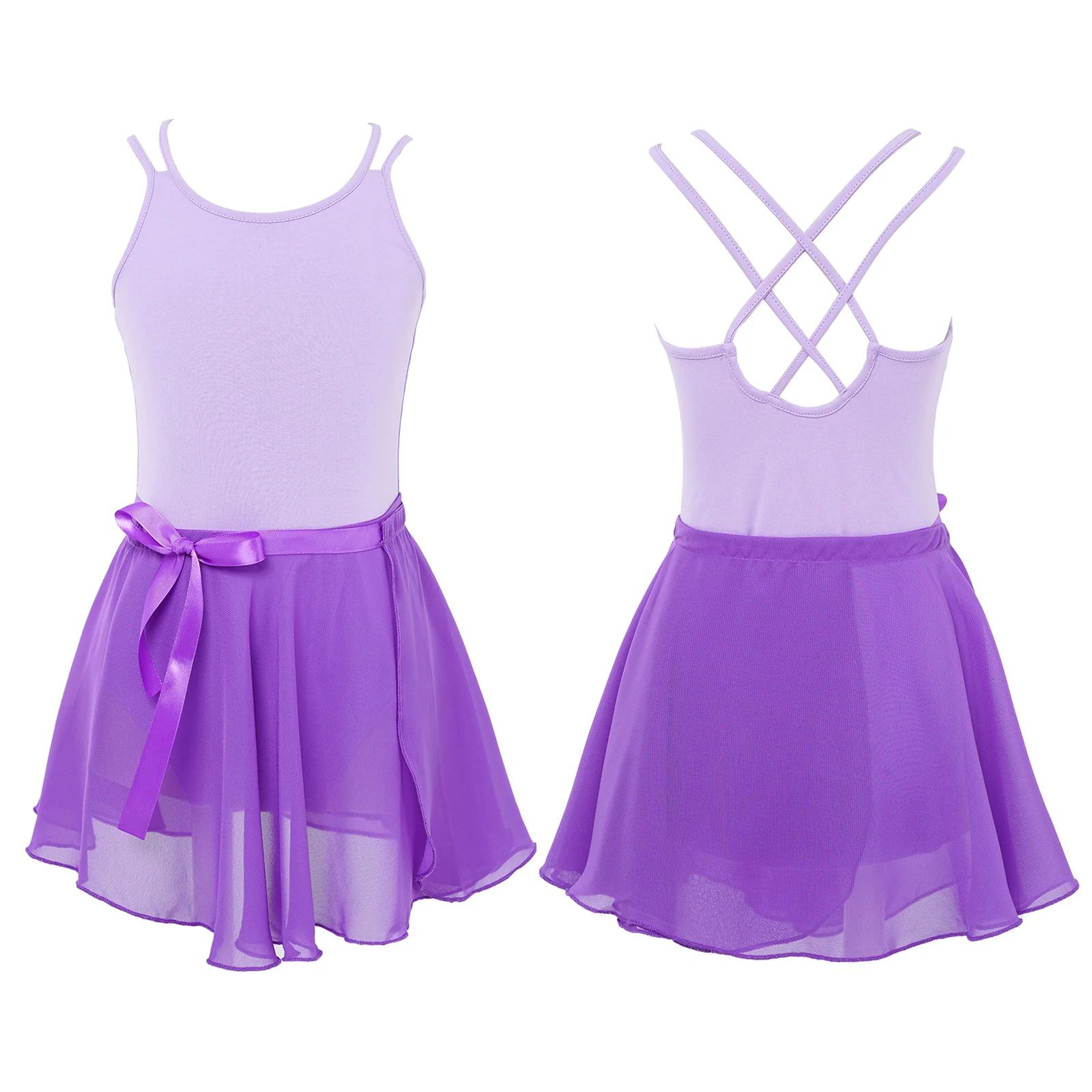 

Kids Girls Ballet Dance Gymnastic Dancewear Crisscross Back Leotard with Chiffon Mini Skirt for Figure Ice Skating Performance