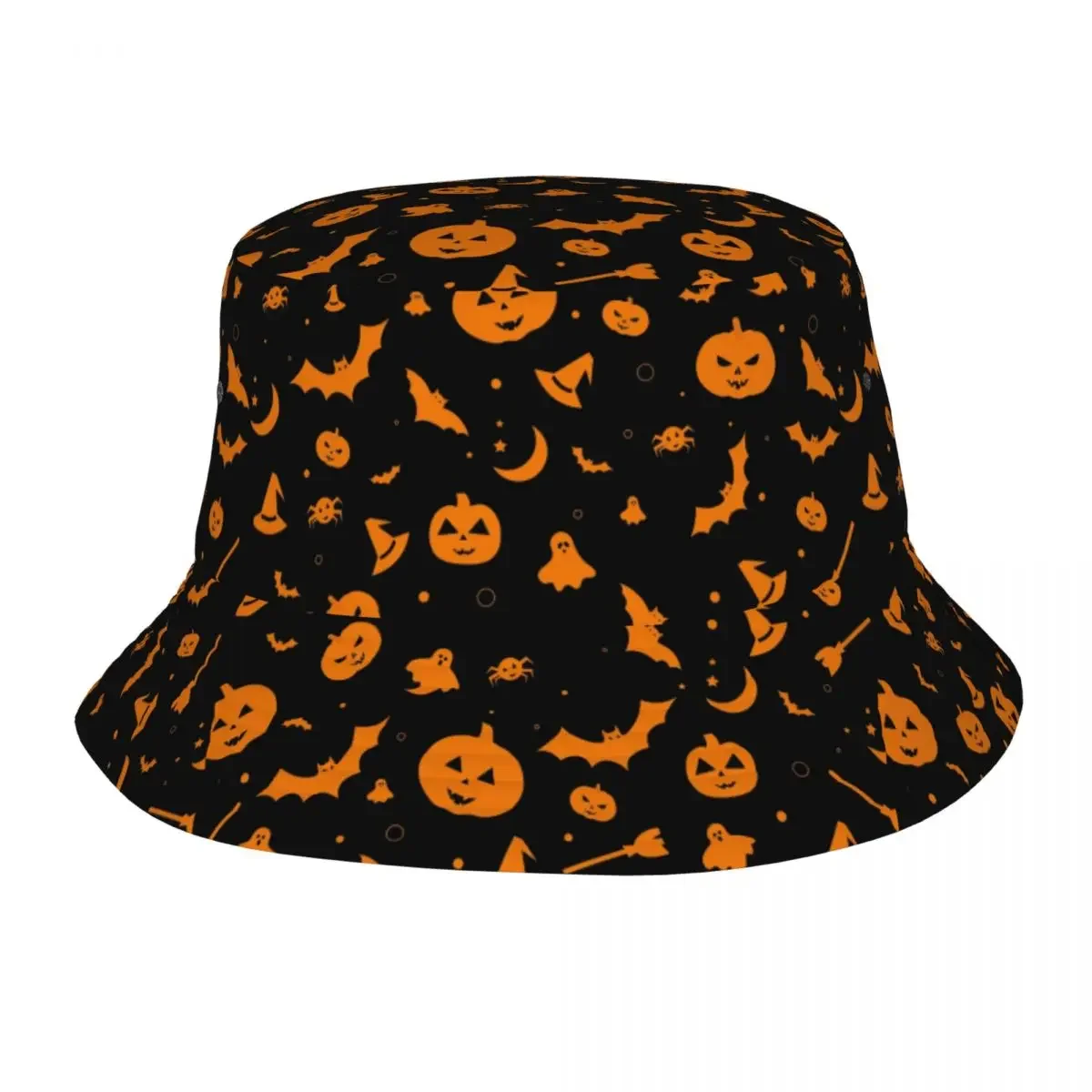 Custom Orange Halloween Pumpkin Ghost Witch Bucket Hat Men Women Outdoor Sun Summer Fisherman Cap