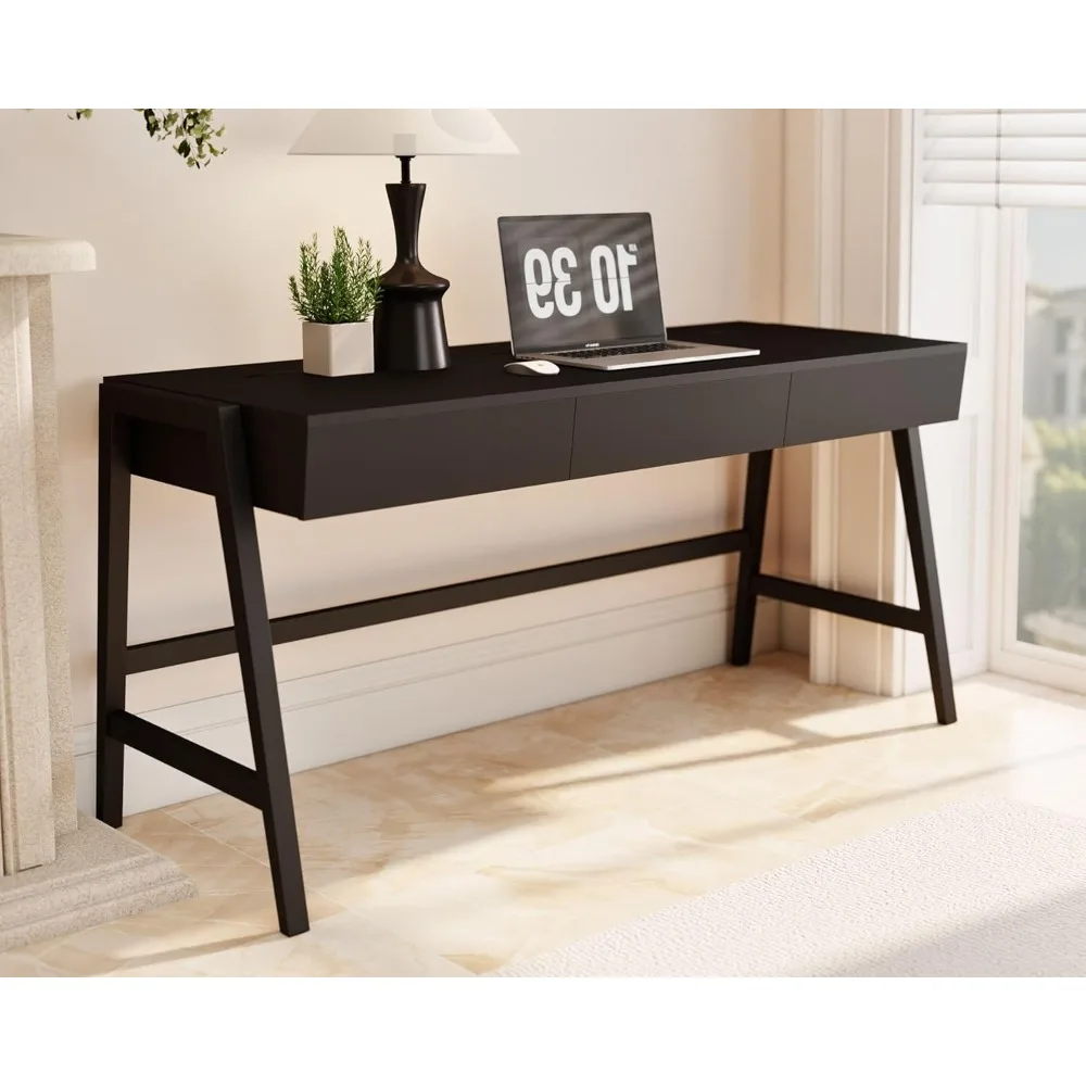 

59 Inches Black Wooden Writing Desk with 3 Drawers, Computer Study Table with MDF Top, Solid Rubberwood Legs and Hidden Cable Ma