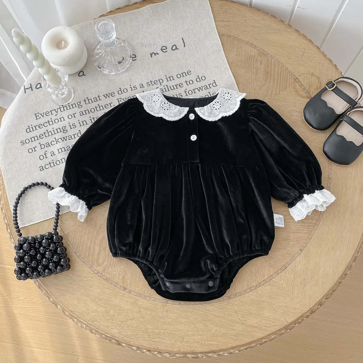 

Spring and Autumn Baby Girl Black Lace Crew Neck Jumpsuit, Baby Girl Autumn Long Sleeve Dress Jumpsuit, Very Suitable for Going Out