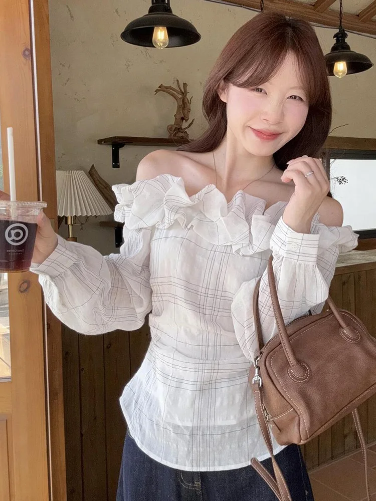 Sexy Off Shoulder Plaid Shirt Women Slim Elegant Long Sleeve Ruffles Blouse Korean Fashion Slash Neck Spring Female Sweet Tops