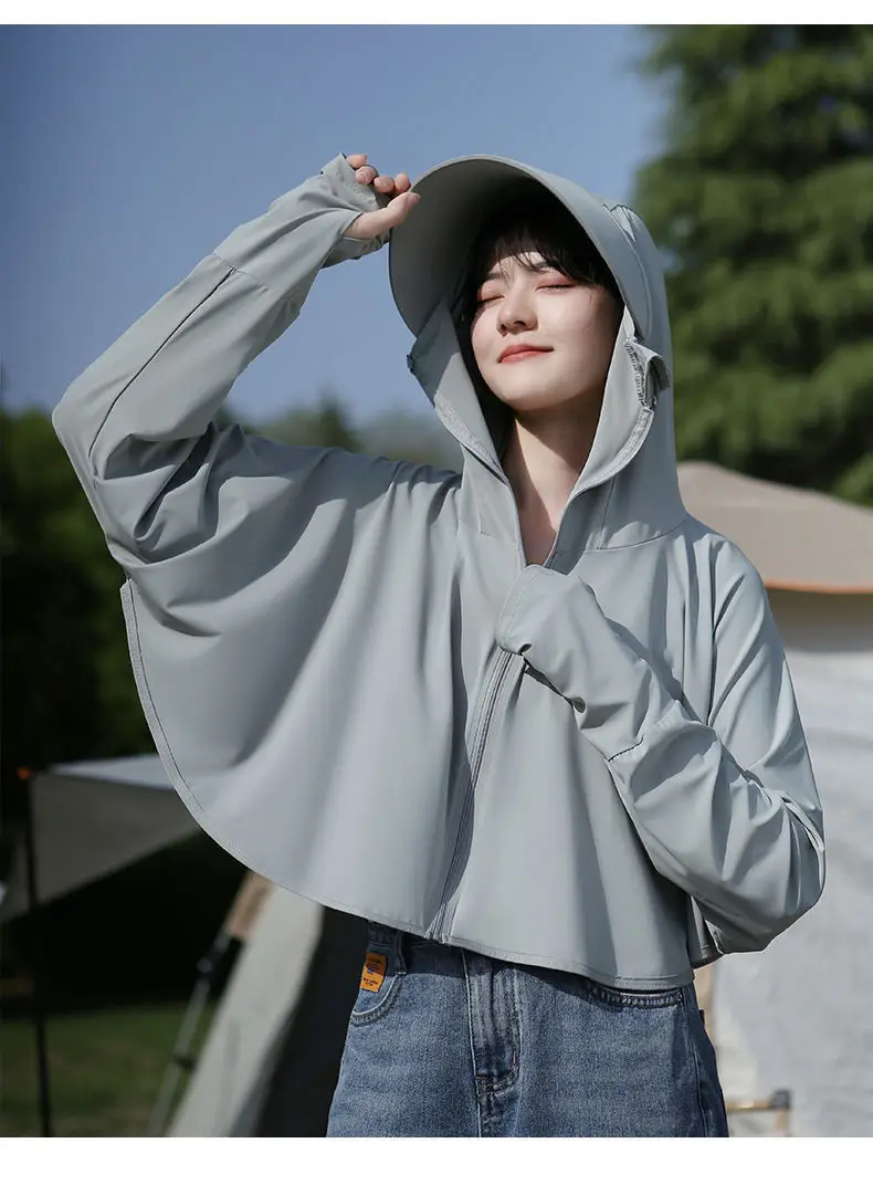 Women's Summer Sun Protection Shirt with Long Sleeves Cap Quick-drying Ice Silk UV Protection Lightweight Style