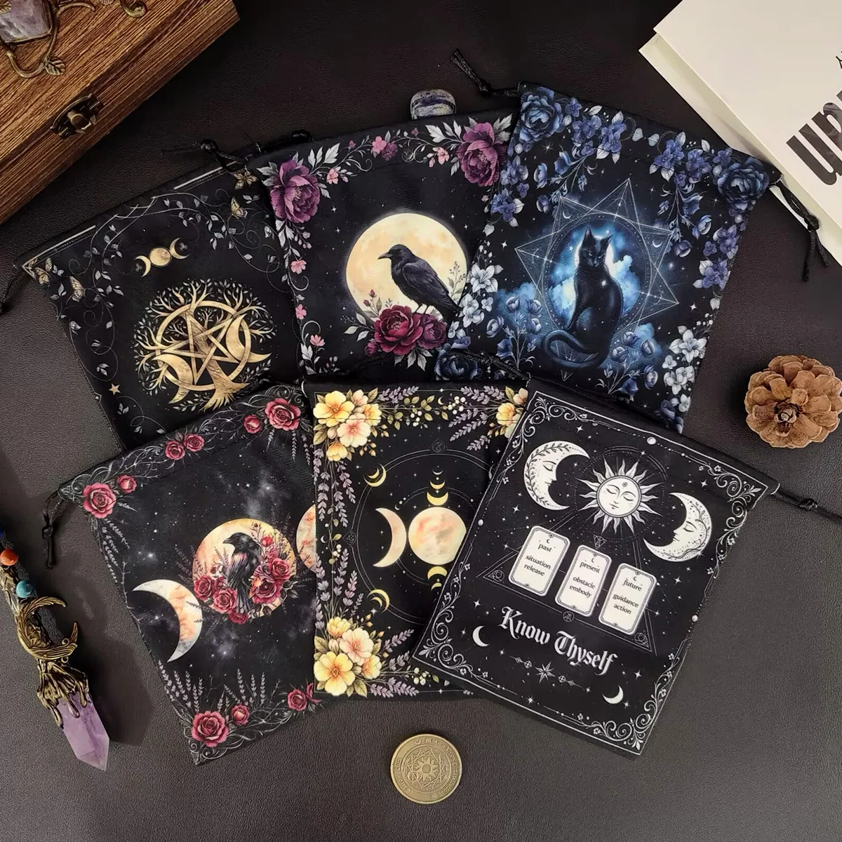 Black Short Plush Tarot Pouch Cards Storage Bag Witch Triple Moon & Tree of Life Wicca Altar Bag For Divination Jewelry Pouch
