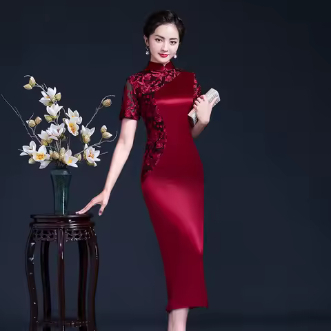 Yourqipao New Retro Improved Chinese Traditional Cheongsam Red Prom Dress Long Mother of The Bride Qipao Evening Dress