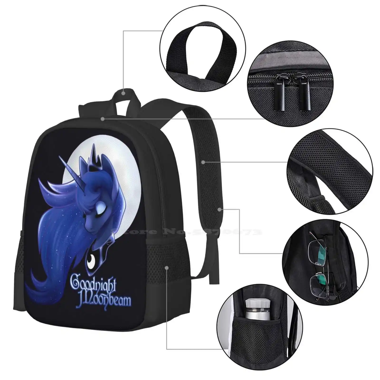 Bolsas escolares Moonbeam, mochila de viaje para ordenador portátil, Princess Luna Mlp My Little Goodnight Moonbeam Lunar sleeping