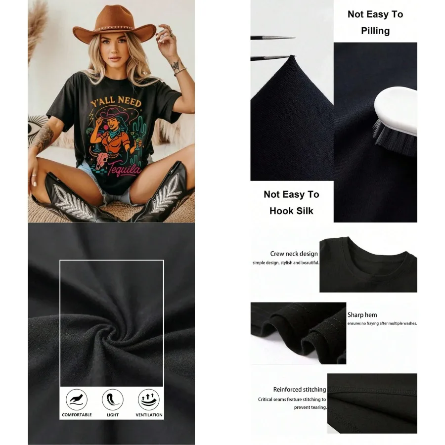 

【New style】Tequila Neon Cowgirl T-Shirt Western Graphic Tee Southwest Unisex Top Rodeo Cowgirl Shirt Festival Clothing 100% Cot
