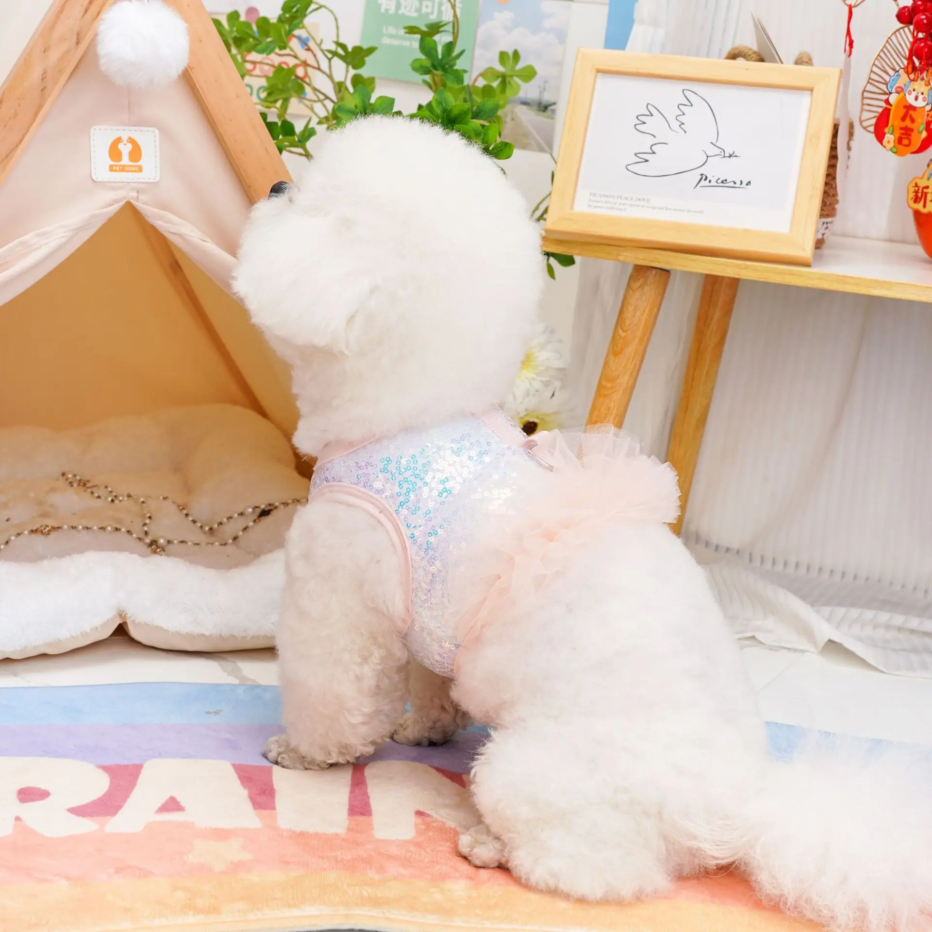 Pet Clothing Small Dog Cat Clothing Mermaid Sequins Fluffy Mesh Chest Back Clothing Teddy Bear Dog Harness and Leash for Walking