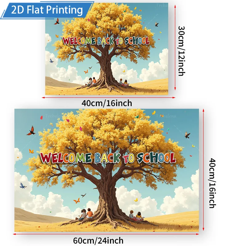 [2D شقة] 1 قطعة 4x16 بوصة علامة معدنية مرحبا بكم في العودة إلى المدرسة شجرة المشهد المعادن جدار ديكور فني 2D طباعة مسطحة