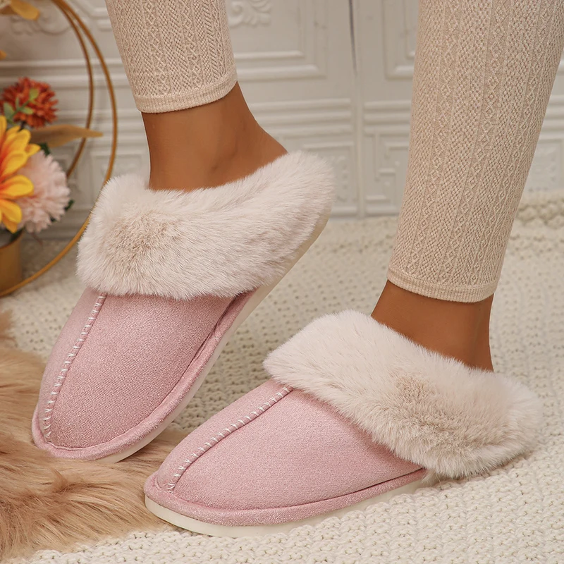 Closed Toe Warm Cotton Slippers Women Faux Fur Thicken Plush Winter Home Shoes Woman Lightweight Casual Indoor Slides Female