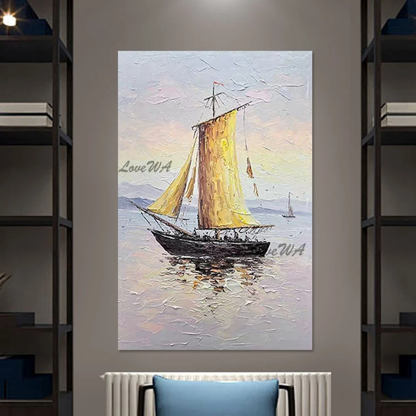 

Sailboat Abstract Hand Drawing 3D Scenery Canvas Picture Unframed Mountain With Seascape Oil Painting Art Decorative Room Wall