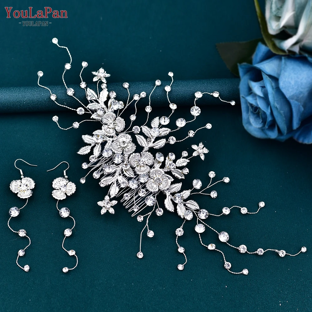 YouLaPan Elegant Bridal Wedding Rhinestone Hair Comb Paired With Alloy Flowers Suitable Parties Dances Hair Accessories HP521