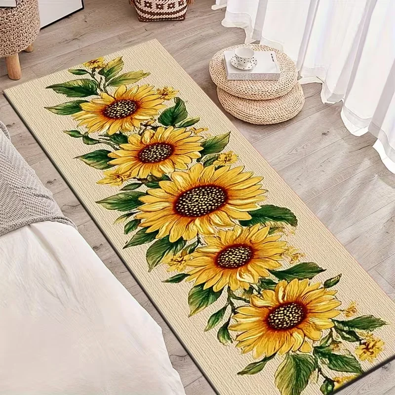 Sunflower Bee Print Runner Rug Vintage Wood Grain Long Hallway Carpet for Corridor Bedroom Bedside Home Decor