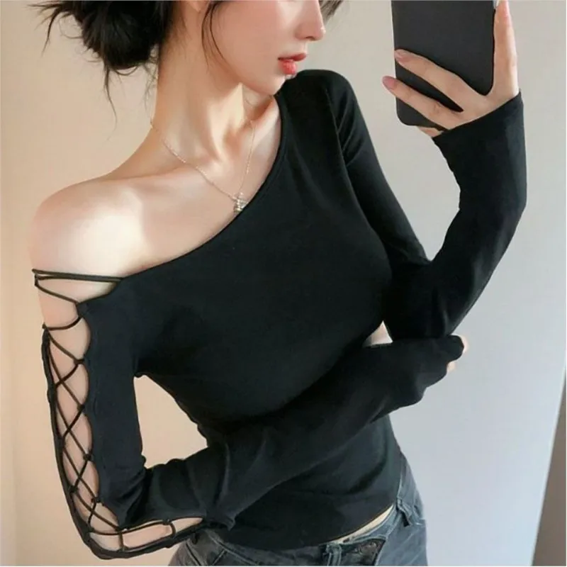 Design Off-the-shoulder Lace-up Long-sleeved T-shirt Unique And Stylish Slimming Top For Summer Girls