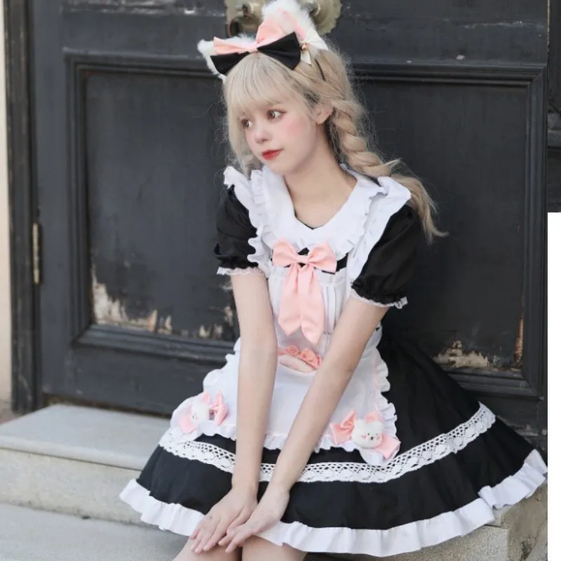 

Summer Unisex Lovely Lolita One-Piece Skirt Black White Cosplay Outfit 18-24 Age Maid Dresses 100% Polyester Cafe WorkingCostume