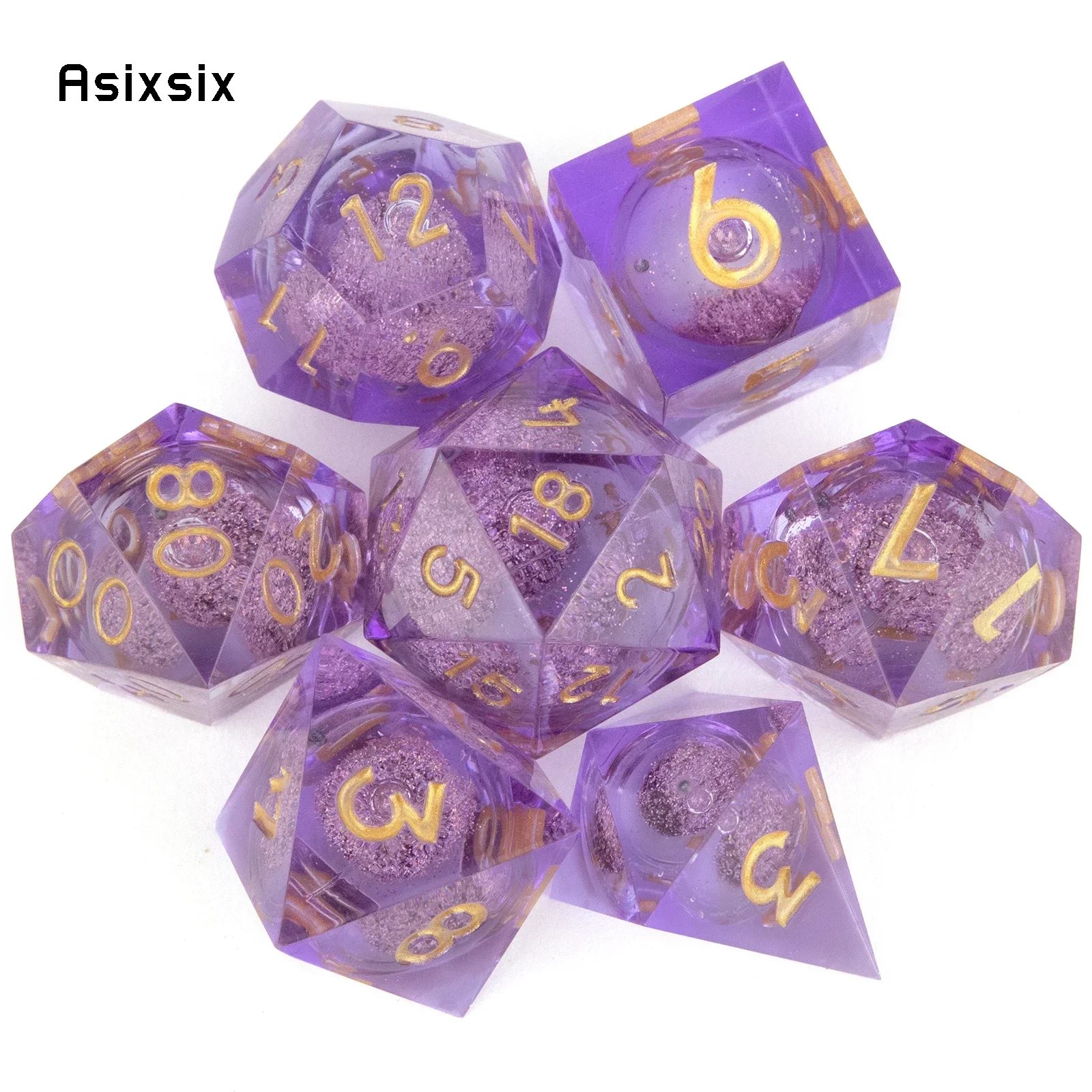 

7 Pcs Purple Resin Flowing Sand Golden Number Sharp Edge Dice Polyhedral Dice Suitable for RPG Board Game