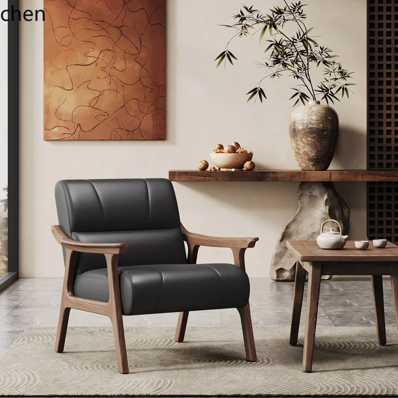 CZ Genuine Leather Leisure Chair Solid Wood Vintage Single Sofa Tea Room Reading Chair