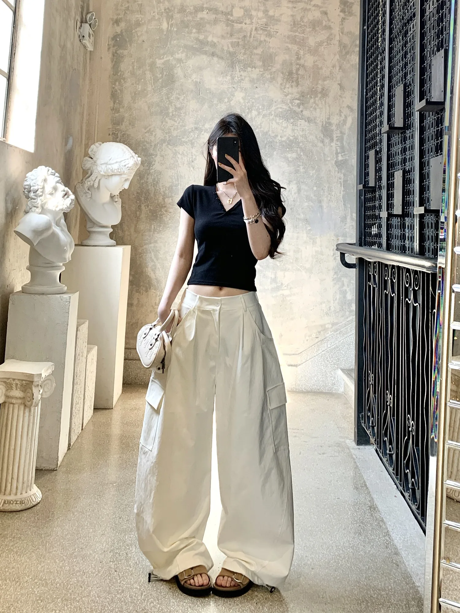 

Loose Casual Wide Leg Workwear Pants for Women with Multiple Pockets Draping Floor-Length Slimming Fashionable Utility Trousers