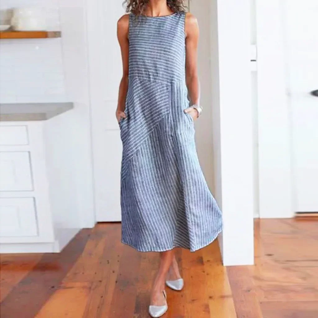 

Women's Dresses Casual Loose Striped Cotton And Linen Round Neck Patchwork Dress Women'S Dress Vestidos Plus Size