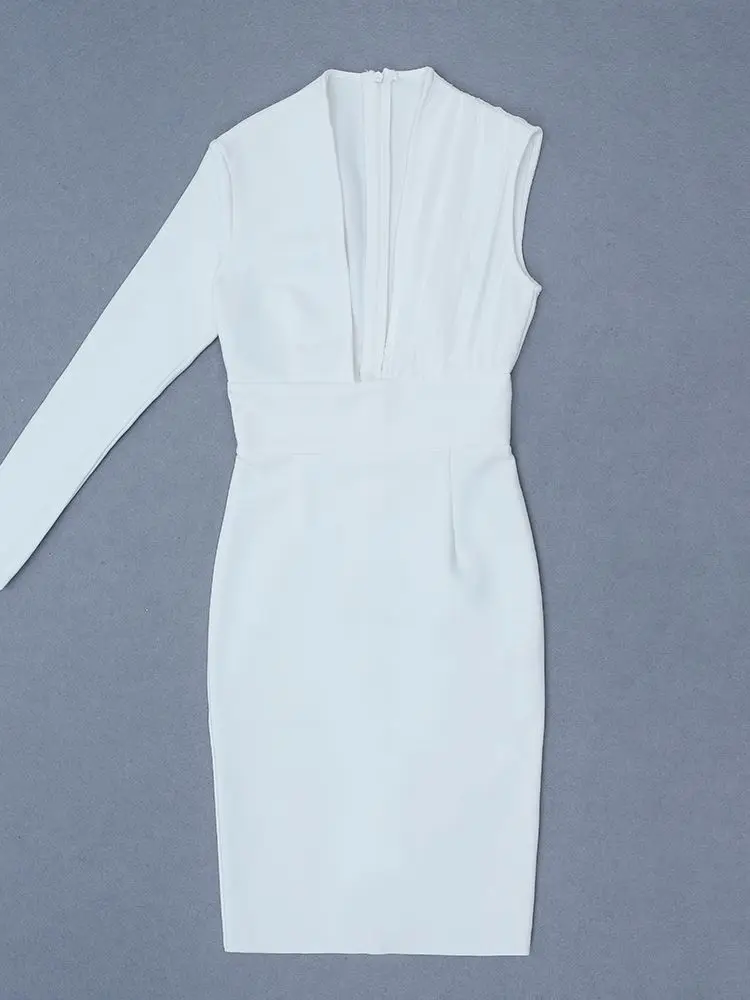 

HQBORY Long Sleeve White One Shoulder Deep V Neck Sexy Women Newest Party Knee Length Elastic Bodycon Bandage Dress