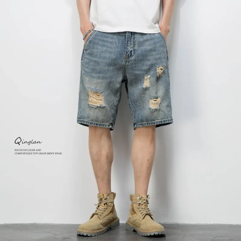 2024 Men Summer Fashion American Style Casual Vintage Hole Cowboy Loose Make Old Trend All-match Affordable Young Style Shorts