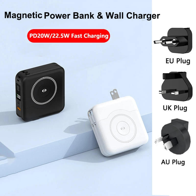 

Magnetic Wireless Power Bank with Cable AC Plug Wall Charger 22.5W Fast Charging for iPhone 16 iWatch Airpods Macbook Powerbank