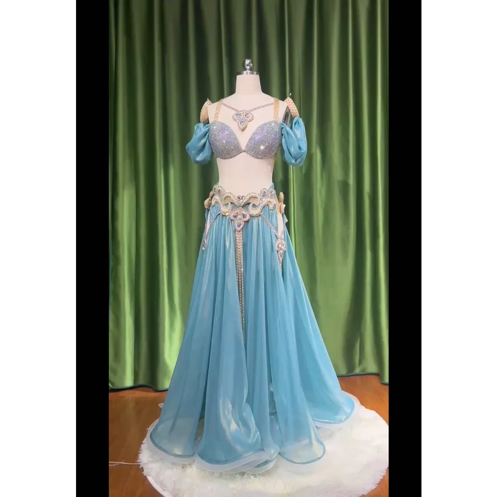 BellyDance Suit Embroidery Diamond Bra Split Fishtail Skirt Performance Set Custom Adult Child Competition Clothing Accessories