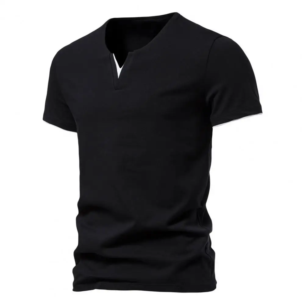 Men Cotton Blend Top Lightweight Stretchy Men Shirt Men\'s V Neck Summer T-shirt with Short Sleeves Elastic Fake Two-piece Design