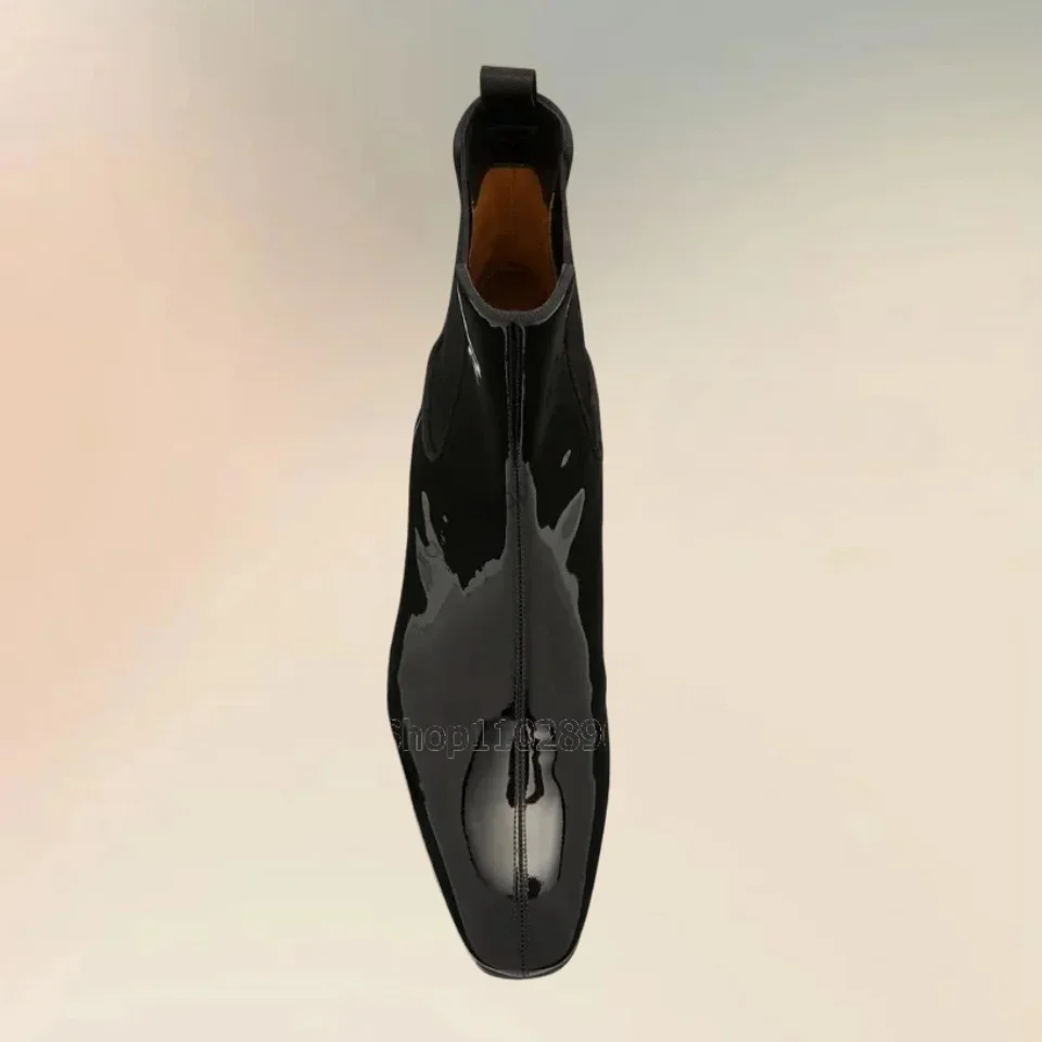 

Black Patent Leather Rivets Decor Square Toe Boots Fashion Slip On Men Boots Luxury Handmade Party Feast Office Men Dress Shoes