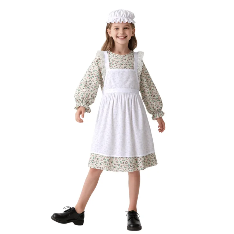 Girls' Victorian-Style Mexican Floral Print Dress Ethnic Performance Costume Festival Party Outfit with Hat School Dance Costume