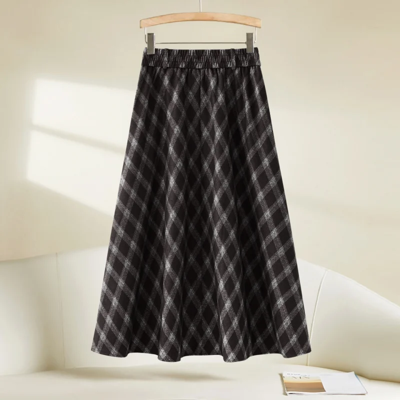 Шерстяная клетчатая юбка-миди для женщин, утягивающая меладно-коричневая винтажная клетчатая юбка средней длины, юбка трапециевидной формы