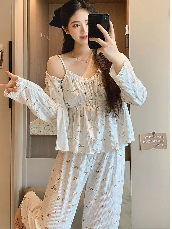 

Sweet Cute Floral Print Sleepwear Set with Bra Inserts Long Sleeve Long Pants Cotton Home Clothes Women's Spring Autumn New S...