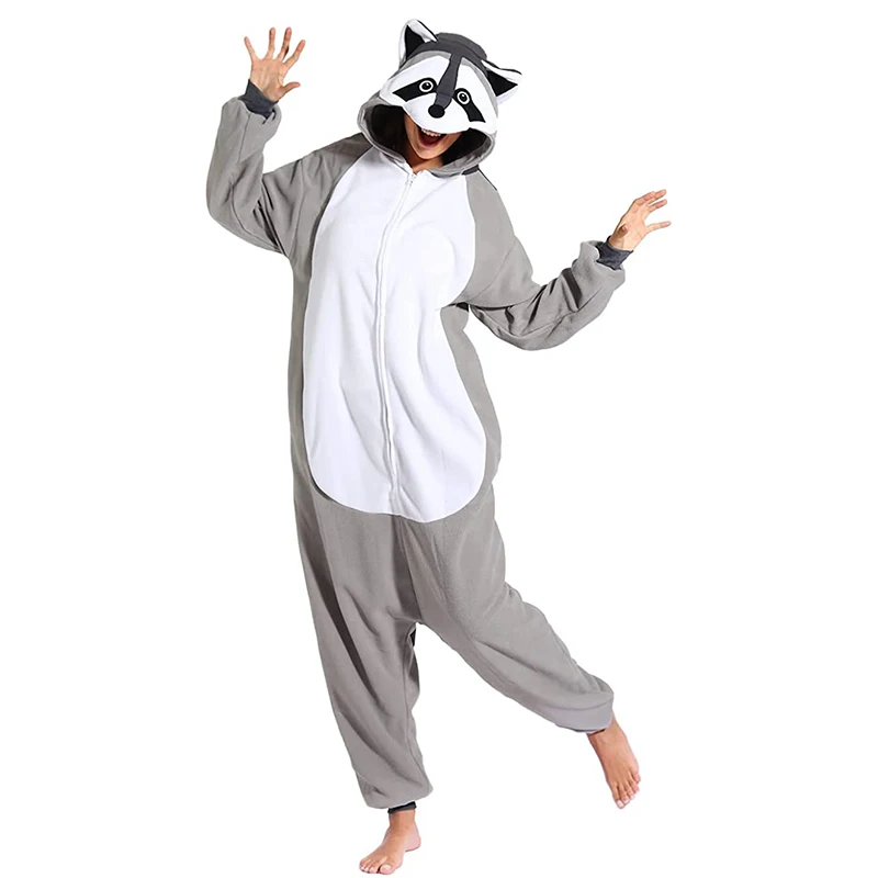 Fleece Kigurumi Raccoon Onesie For Women Pajamas Sleepwear Cosplay Costume Couple Pijamas Men Christmas Halloween Birthday Gift