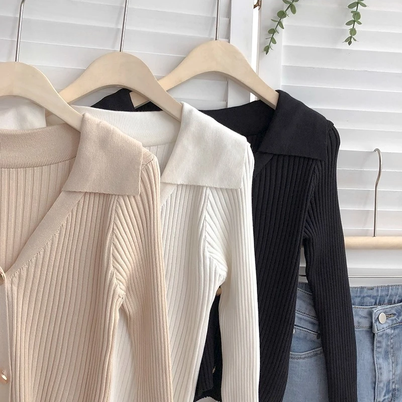 Suéteres tejidos de manga larga con cuello vuelto para mujer, cárdigans cortos ajustados de Color sólido con una hilera de botones, novedad de Otoño de 2026