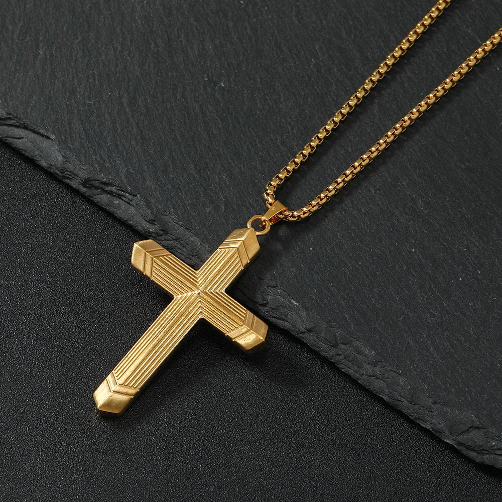 Retro Striped Cross Pendant Stainless Steel Stylish Niche Design Necklace Personalized Cool Fashion Jewelry Accessory for Male