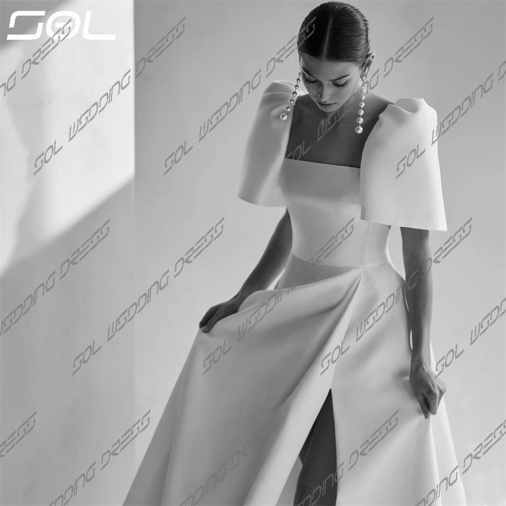 SOL Half Puff Sleeves Square Collar Side Slit Spandex Wedding Dress Simple Backless Sweep Train Bridal Gowns Sexy Custom Made