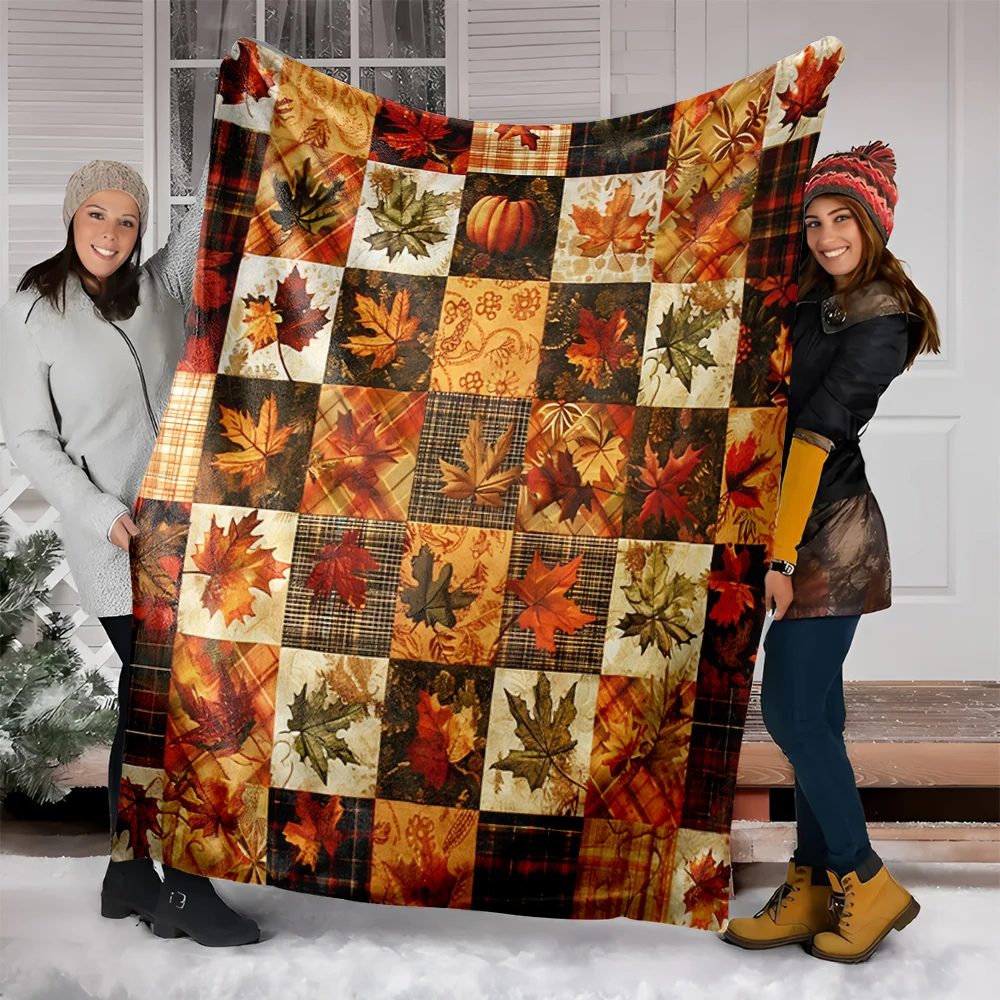 1 Piece of Vintage Distressed Checkered Maple Leaf Print Blanket, Thanksgiving Autumn Atmosphere Sofa Decorative Throw Blanket