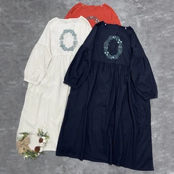 Johnature Autumn New Japanese Mori Women Solid Color Cotton Linen Embroidered Dress Casual Loose Pullover Simple Female Dresses