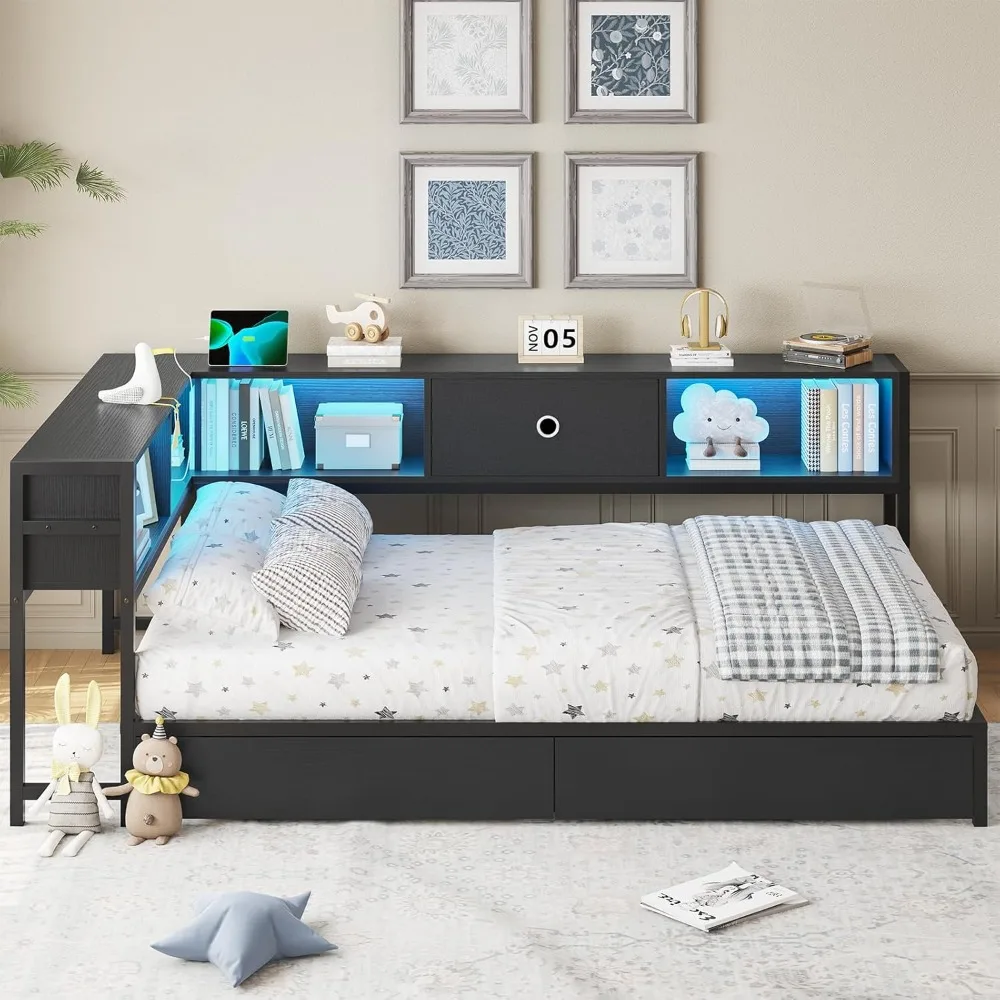 Twin Corner Bed Frame with Bookcase Storage and Led Lights Metal Platform Bed Frame Twin Size with Storage Drawers and Ch