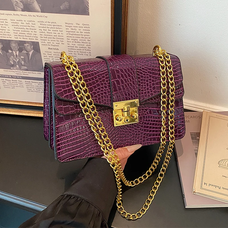 

Brand Chain Shoulder Bag Designer Luxury Bag High Quality PU Leather Ladies Purple Handbag Small Crocodile Pattern Crossbody Bag