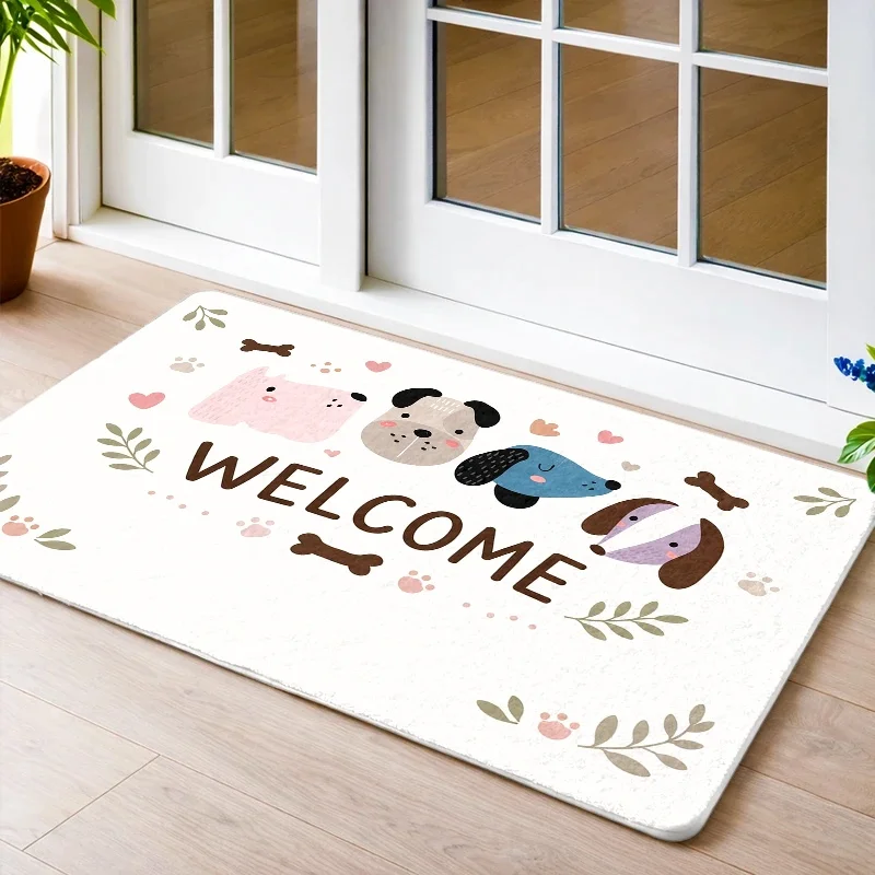 Cute Puppy Suitable for Front Door Entrance, Water-Absorbent Flannel Floor Mat with Adorable Dog Print, Soft Suitable for Living Room, Cozy Home Decor for